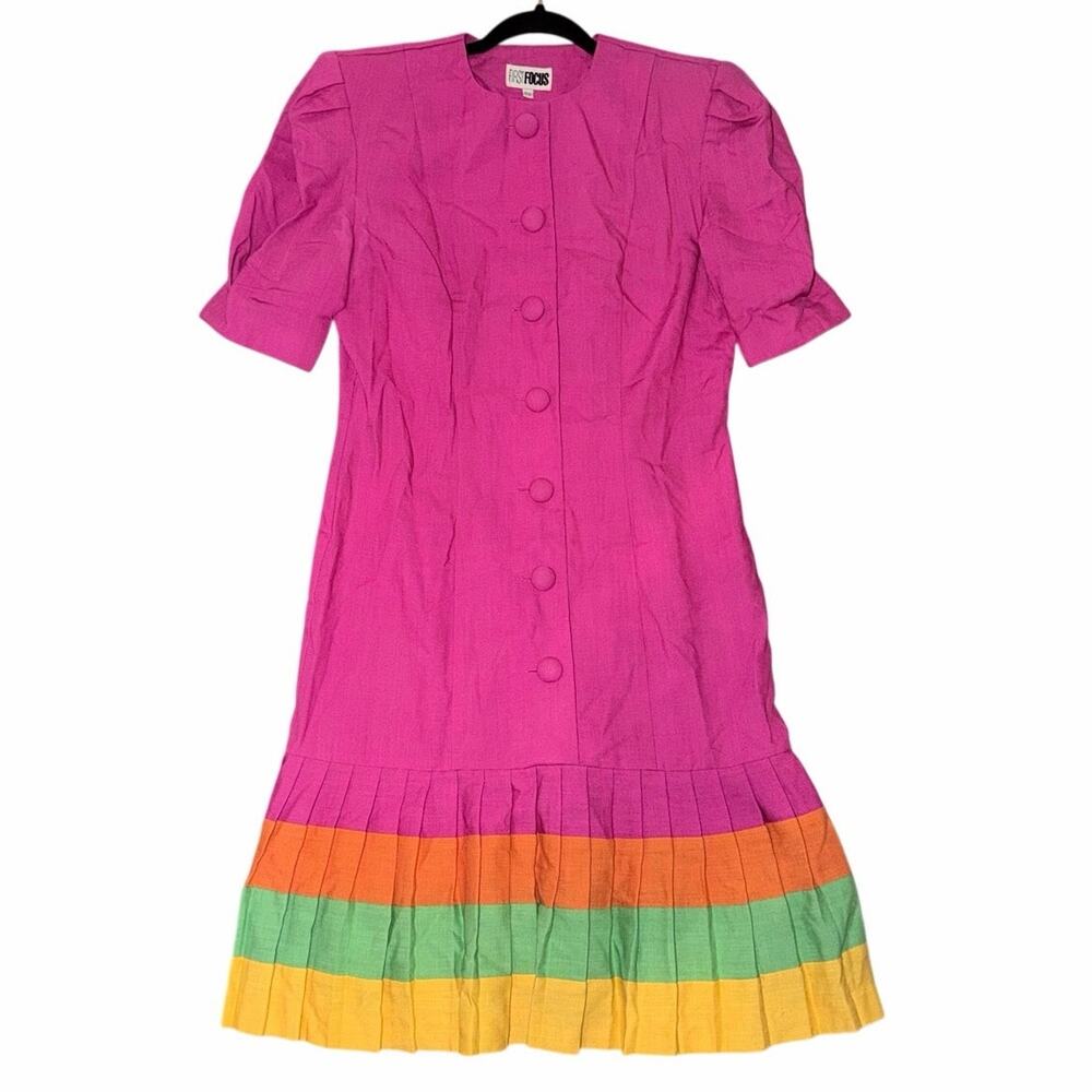 Vintage first focus hot pink drop waist color block dress 10 pleated dopamine 80